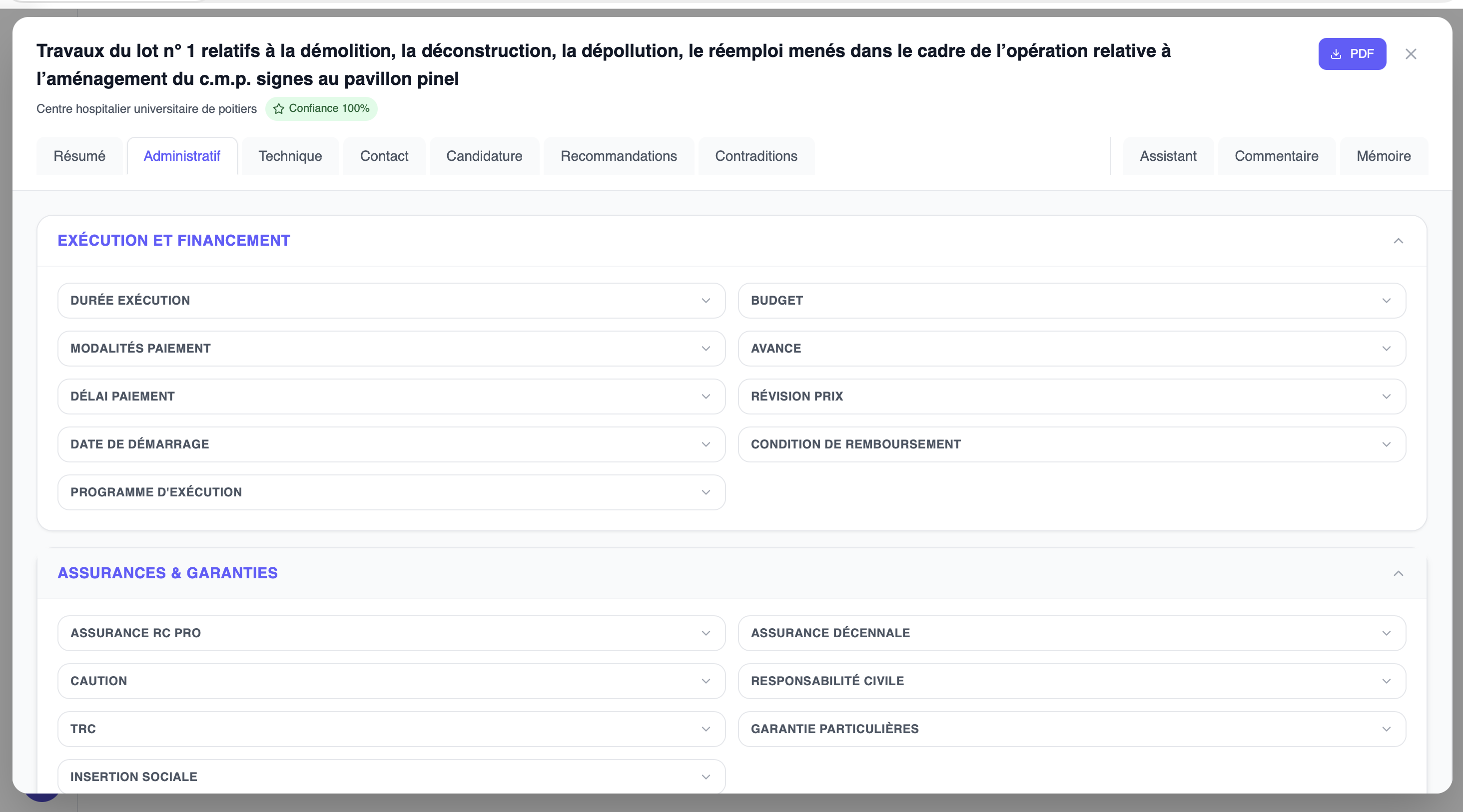 Vue détaillée d'une analyse Bryte — onglet Administratif avec exécution, financement et assurances