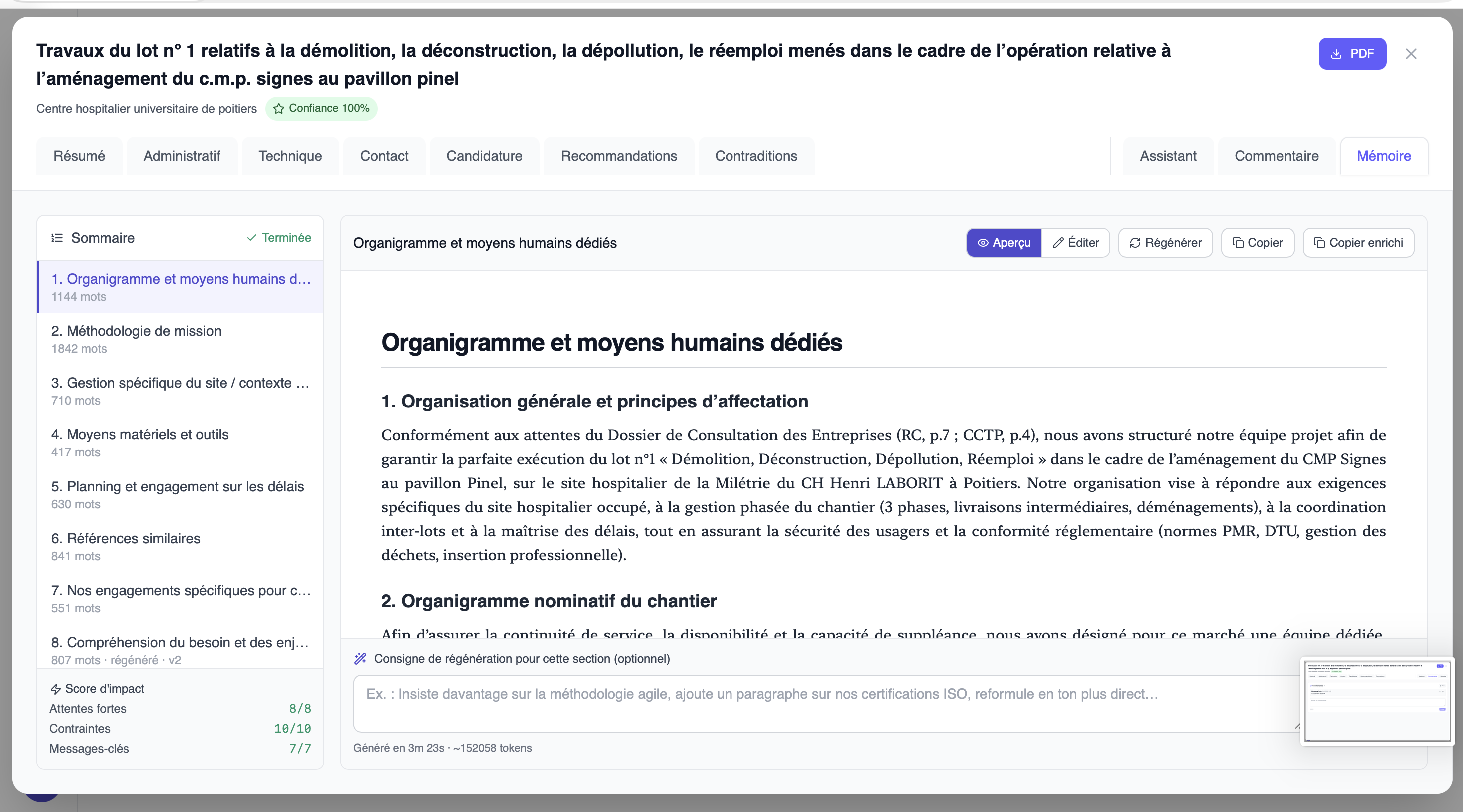 Génération de mémoire technique Bryte — plan, édition par section et exigences couvertes